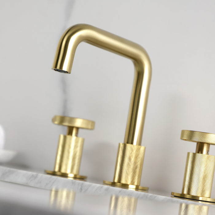 Kingston Sona KS1417RKZ - Wendell Two-Handle 3-Hole Deck Mount Widespread Bathroom Faucet with Knurled Handle and Push Pop-Up Drain, Brushed Brass