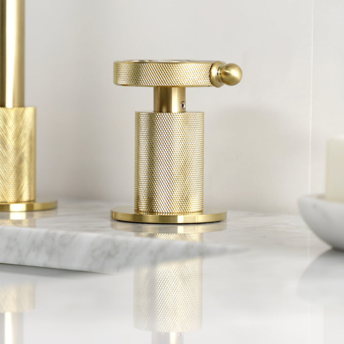 Kingston Sona KS1417RKZ - Wendell Two-Handle 3-Hole Deck Mount Widespread Bathroom Faucet with Knurled Handle and Push Pop-Up Drain, Brushed Brass