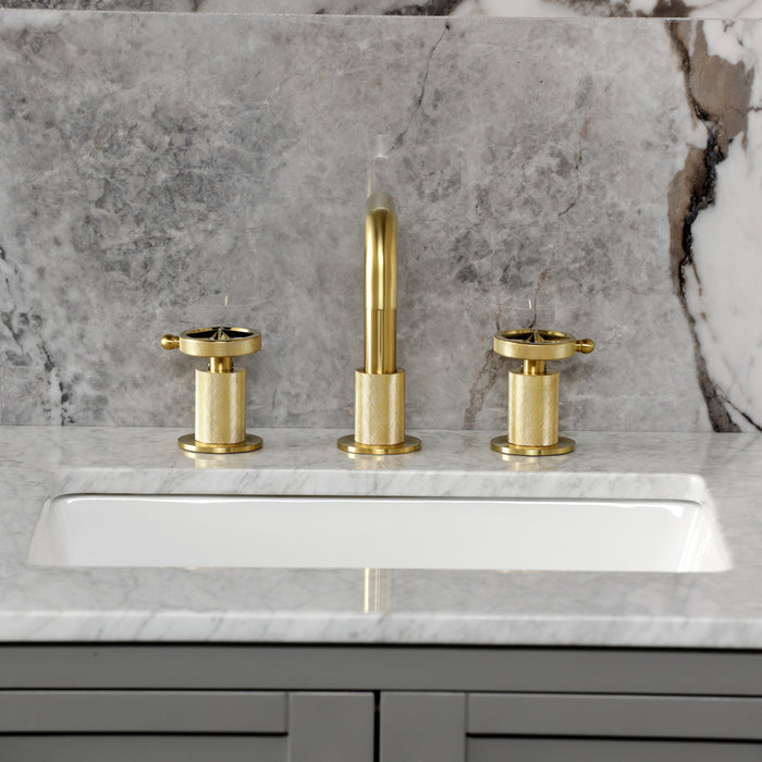 Kingston Sona KS1417RNK - Levante Two-Handle 3-Hole Deck Mount Widespread Bathroom Faucet with Push Pop-Up Drain, Brushed Brass