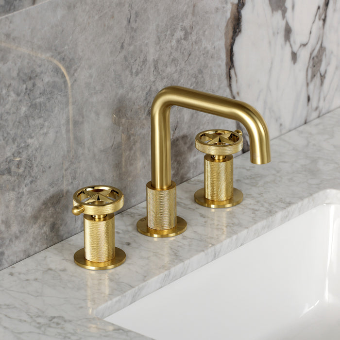 Kingston Sona KS1417RNK - Levante Two-Handle 3-Hole Deck Mount Widespread Bathroom Faucet with Push Pop-Up Drain, Brushed Brass