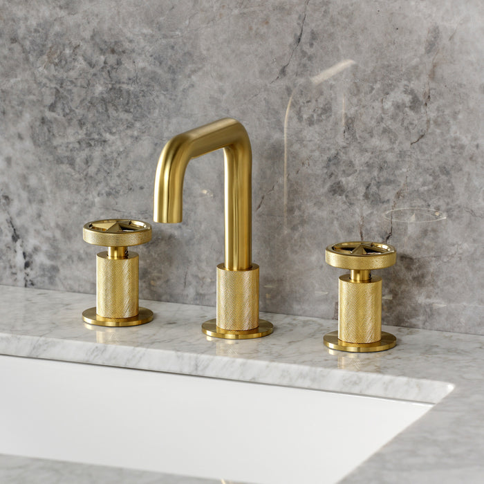 Kingston Sona KS1417RNX - Ostro Two-Handle 3-Hole Deck Mount Widespread Bathroom Faucet with Push Pop-Up Drain, Brushed Brass