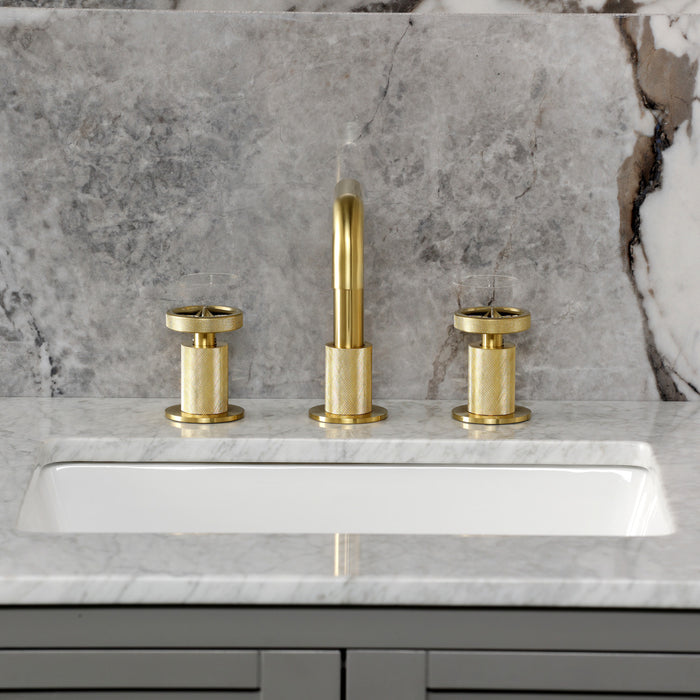 Kingston Sona KS1417RNX - Ostro Two-Handle 3-Hole Deck Mount Widespread Bathroom Faucet with Push Pop-Up Drain, Brushed Brass