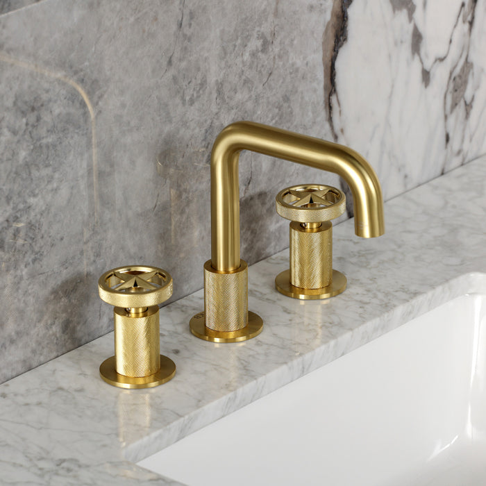 Kingston Sona KS1417RNX - Ostro Two-Handle 3-Hole Deck Mount Widespread Bathroom Faucet with Push Pop-Up Drain, Brushed Brass