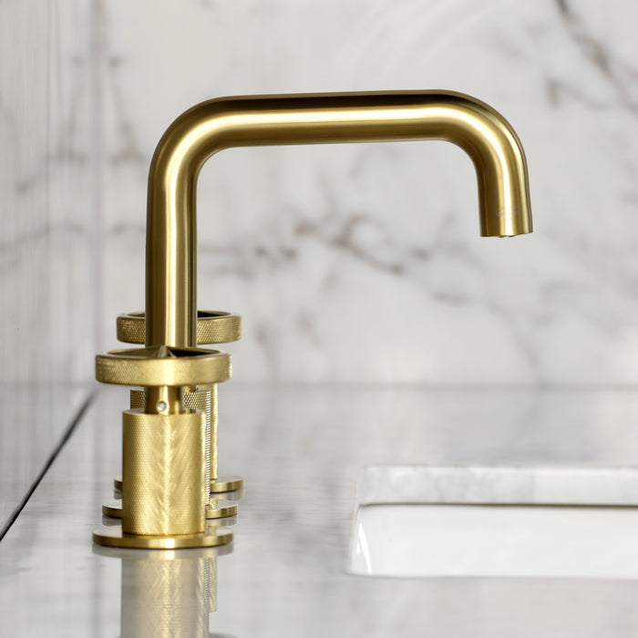 Kingston Sona KS1417RNX - Ostro Two-Handle 3-Hole Deck Mount Widespread Bathroom Faucet with Push Pop-Up Drain, Brushed Brass