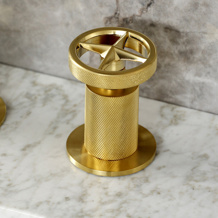 Kingston Sona KS1417RNX - Ostro Two-Handle 3-Hole Deck Mount Widespread Bathroom Faucet with Push Pop-Up Drain, Brushed Brass