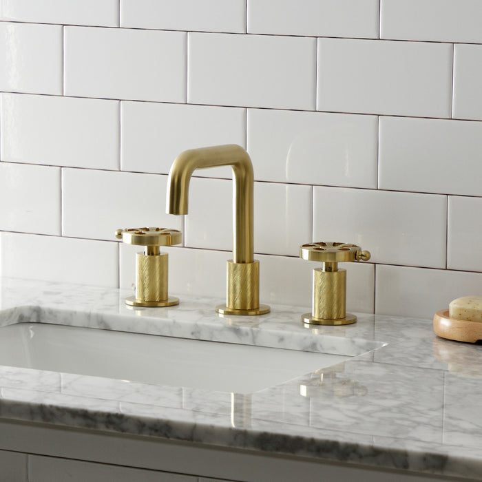 Kingston Sona KS1417RX - Belknap Two-Handle 3-Hole Deck Mount Widespread Bathroom Faucet with Push Pop-Up Drain, Brushed Brass