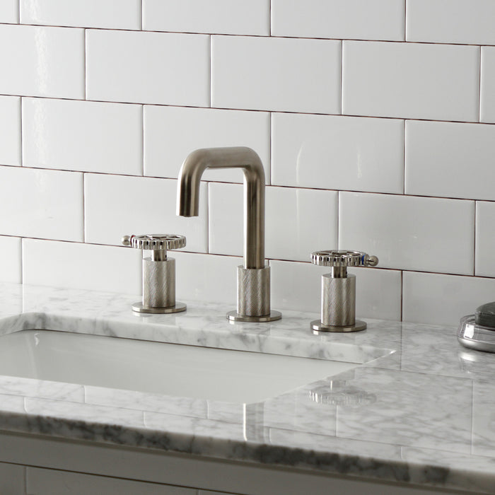 Kingston Sona KS1418CG - Fuller Two-Handle 3-Hole Deck Mount Widespread Bathroom Faucet with Push Pop-Up Drain, Brushed Nickel