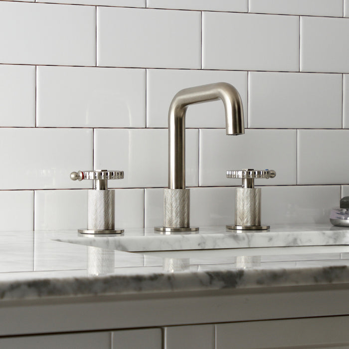 Kingston Sona KS1418CG - Fuller Two-Handle 3-Hole Deck Mount Widespread Bathroom Faucet with Push Pop-Up Drain, Brushed Nickel