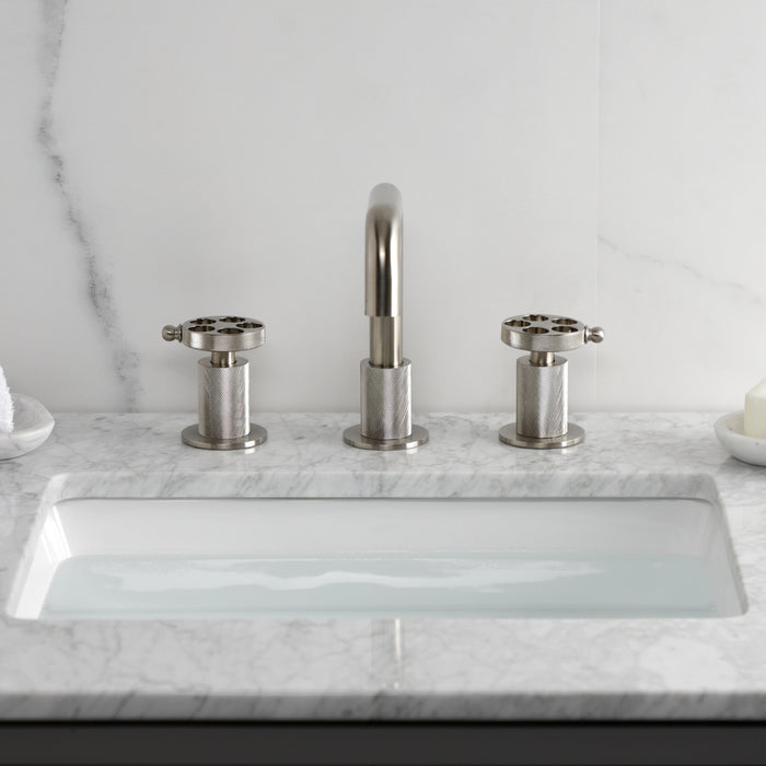 Kingston Sona KS1418RKZ - Wendell Two-Handle 3-Hole Deck Mount Widespread Bathroom Faucet with Knurled Handle and Push Pop-Up Drain, Brushed Nickel