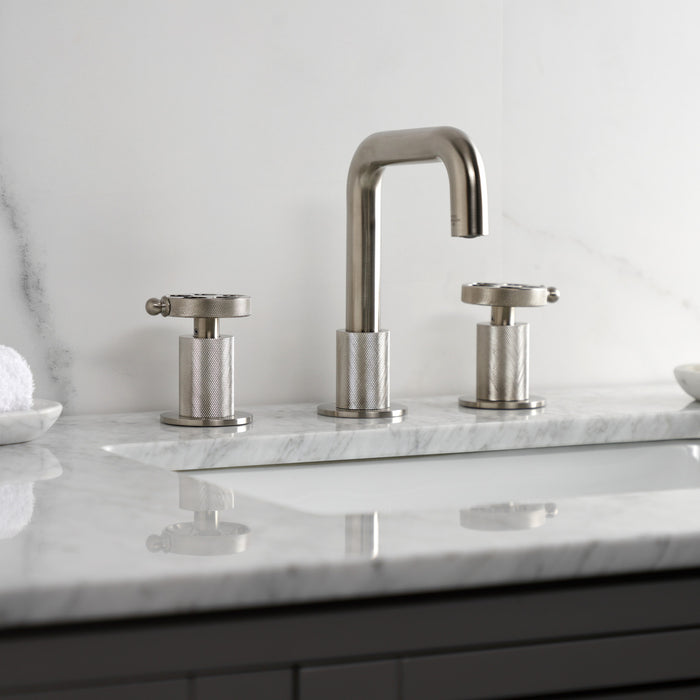 Kingston Sona KS1418RKZ - Wendell Two-Handle 3-Hole Deck Mount Widespread Bathroom Faucet with Knurled Handle and Push Pop-Up Drain, Brushed Nickel