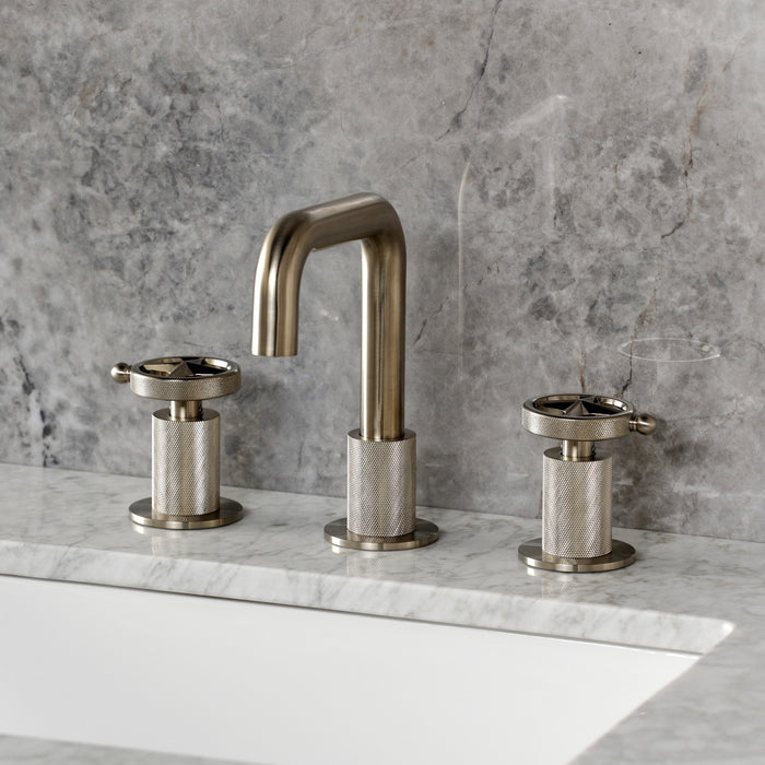 Kingston Sona KS1418RNK - Levante Two-Handle 3-Hole Deck Mount Widespread Bathroom Faucet with Push Pop-Up Drain, Brushed Nickel