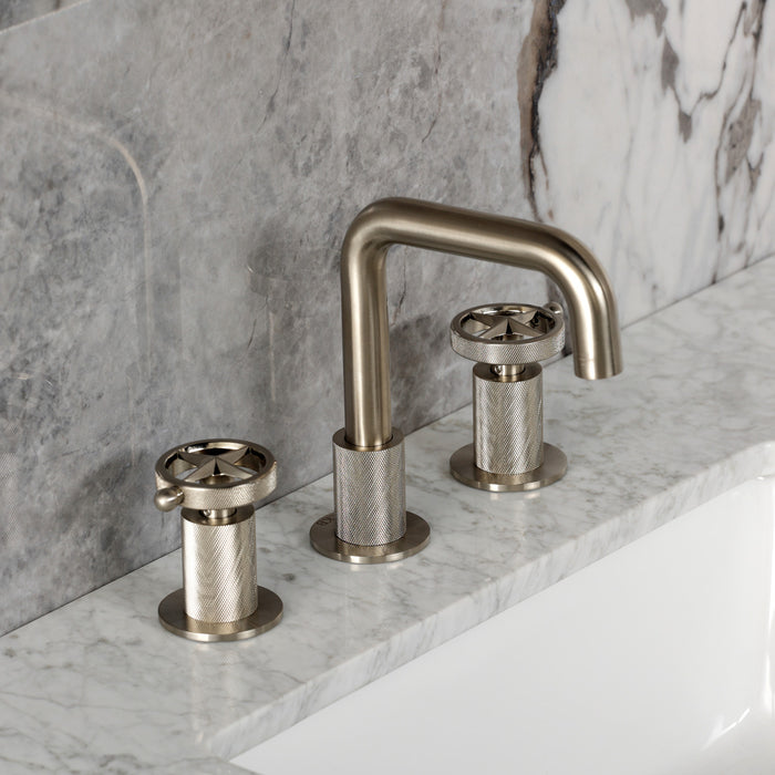 Kingston Sona KS1418RNK - Levante Two-Handle 3-Hole Deck Mount Widespread Bathroom Faucet with Push Pop-Up Drain, Brushed Nickel