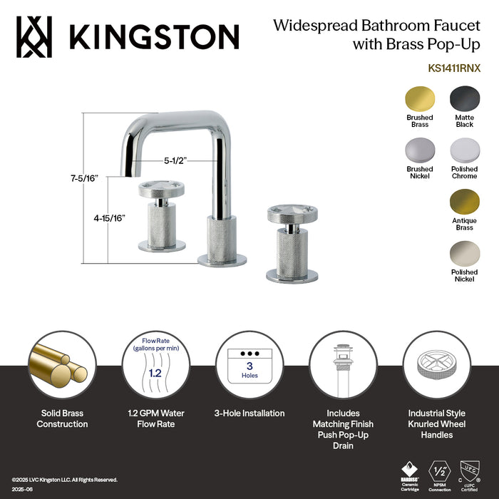 Kingston Sona KS1418RNX - Ostro Two-Handle 3-Hole Deck Mount Widespread Bathroom Faucet with Push Pop-Up Drain, Brushed Nickel