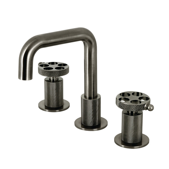 Webb KS141BSSRKX Two-Handle 3-Hole Deck Mount Widespread Bathroom Faucet with Knurled Handle and Push Pop-Up Drain, Black Stainless