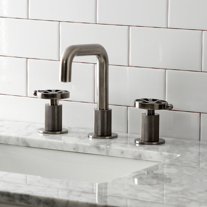 Kingston Sona KS141BSSRX - Belknap Two-Handle 3-Hole Deck Mount Widespread Bathroom Faucet with Push Pop-Up Drain, Black Stainless