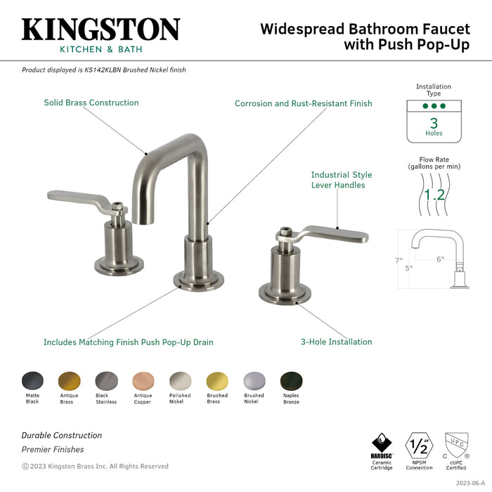 Whitaker KS142KLAB Two-Handle 3-Hole Deck Mount Widespread Bathroom Faucet with Push Pop-Up, Antique Brass