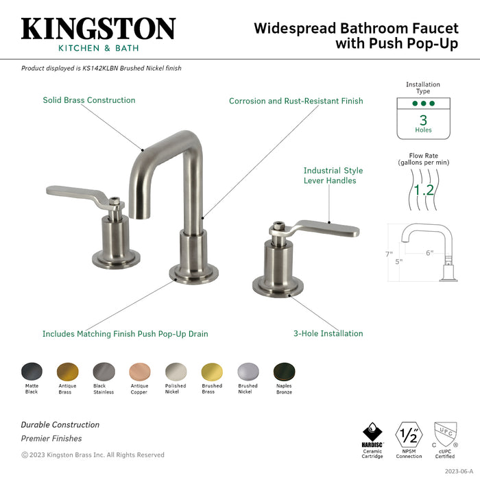 Kingston Sona KS142KLBB - Whitaker Two-Handle 3-Hole Deck Mount Widespread Bathroom Faucet with Push Pop-Up Drain, Brushed Brass