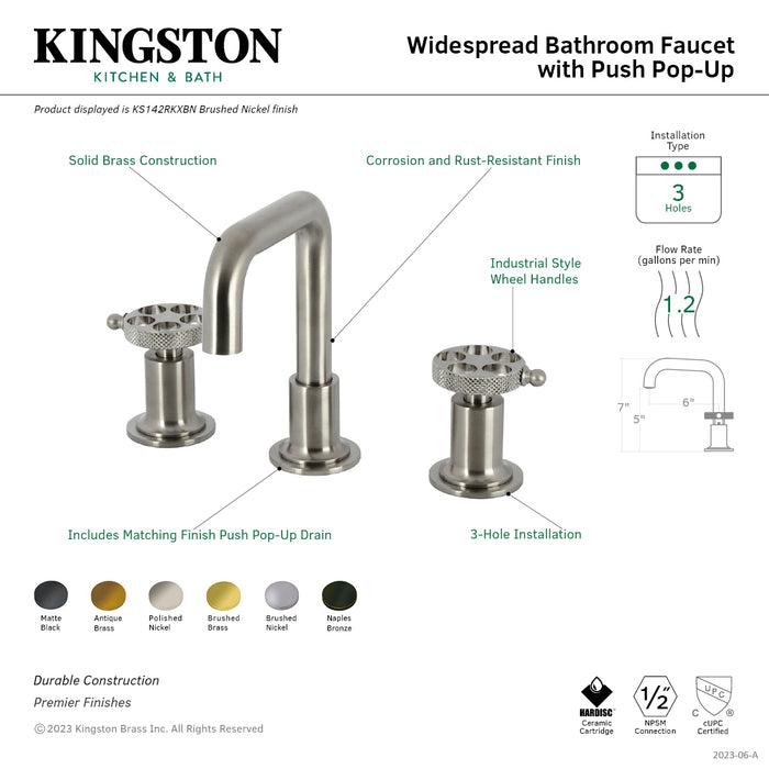 Kingston Sona KS142RKXBB - Webb Two-Handle 3-Hole Deck Mount Widespread Bathroom Faucet with Knurled Handle and Push Pop-Up Drain, Brushed Brass
