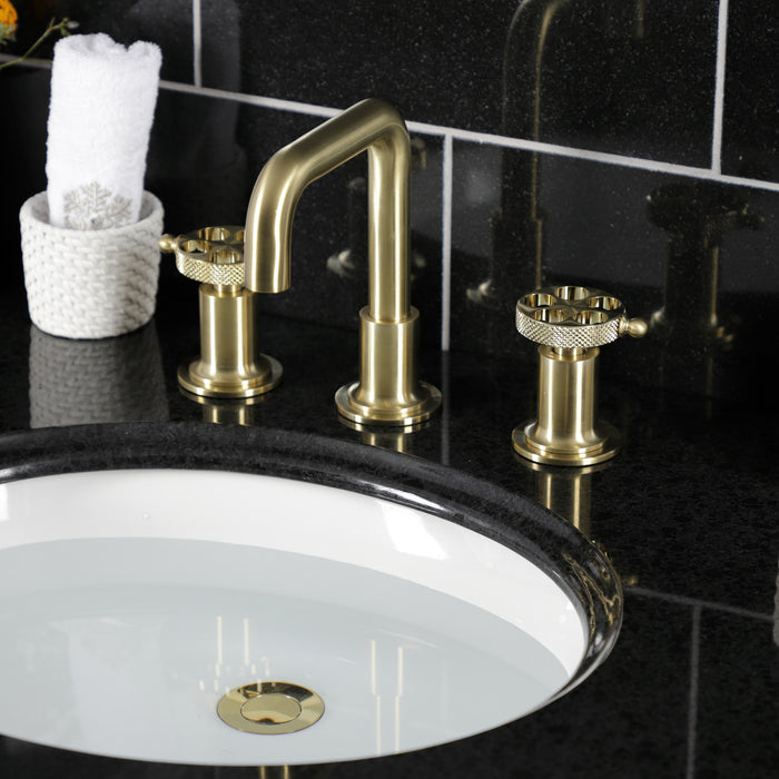 Kingston Sona KS142RKXBB - Webb Two-Handle 3-Hole Deck Mount Widespread Bathroom Faucet with Knurled Handle and Push Pop-Up Drain, Brushed Brass