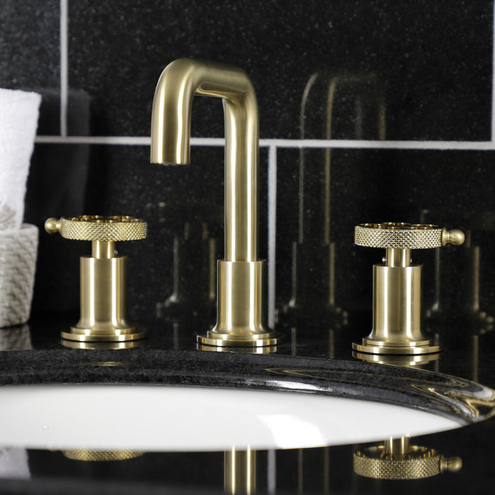 Kingston Sona KS142RKXBB - Webb Two-Handle 3-Hole Deck Mount Widespread Bathroom Faucet with Knurled Handle and Push Pop-Up Drain, Brushed Brass