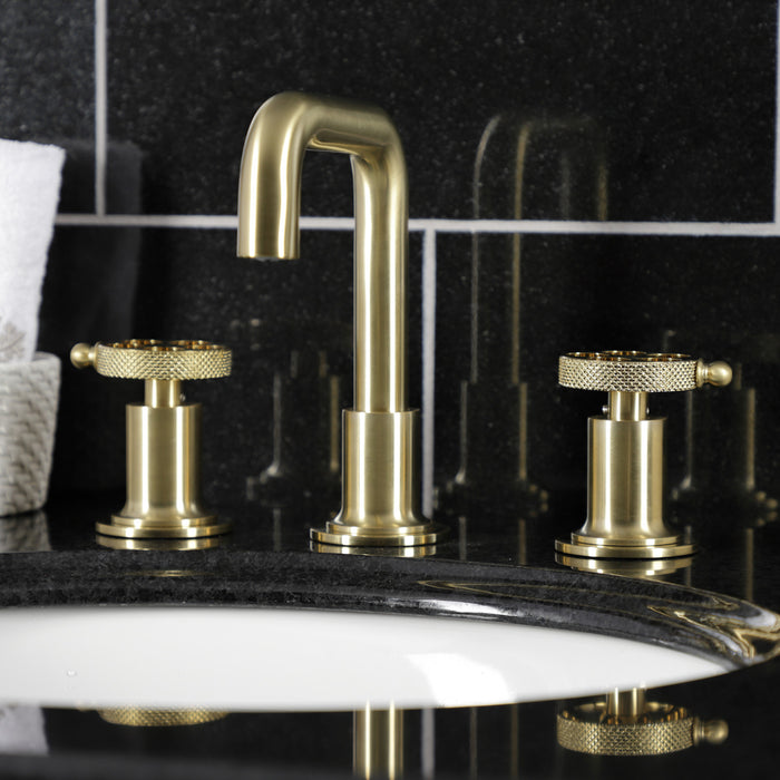 Webb KS142RKXBB Two-Handle 3-Hole Deck Mount Widespread Bathroom Faucet with Knurled Handle and Push Pop-Up Drain, Brushed Brass