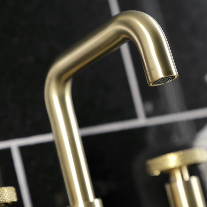 Kingston Sona KS142RKXBB - Webb Two-Handle 3-Hole Deck Mount Widespread Bathroom Faucet with Knurled Handle and Push Pop-Up Drain, Brushed Brass