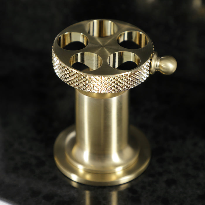Kingston Sona KS142RKXBB - Webb Two-Handle 3-Hole Deck Mount Widespread Bathroom Faucet with Knurled Handle and Push Pop-Up Drain, Brushed Brass