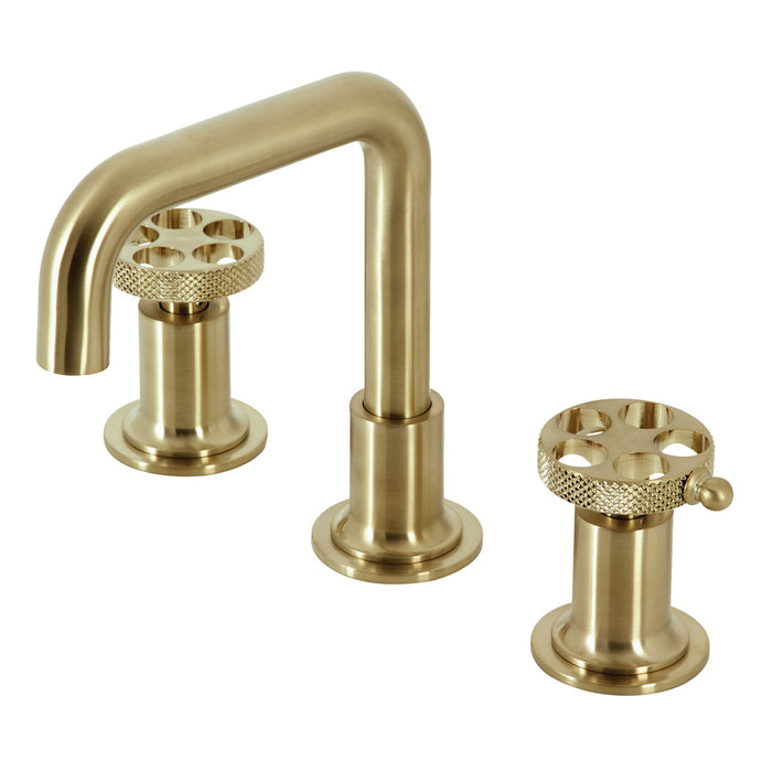 Kingston Sona KS142RKXBB - Webb Two-Handle 3-Hole Deck Mount Widespread Bathroom Faucet with Knurled Handle and Push Pop-Up Drain, Brushed Brass