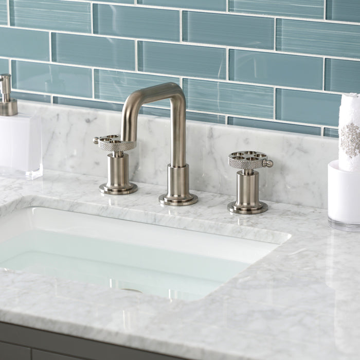 Kingston Sona KS142RKXBN - Webb Two-Handle 3-Hole Deck Mount Widespread Bathroom Faucet with Knurled Handle and Push Pop-Up Drain, Brushed Nickel
