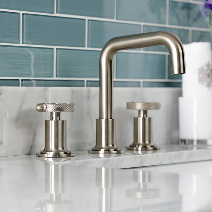 Kingston Sona KS142RKXBN - Webb Two-Handle 3-Hole Deck Mount Widespread Bathroom Faucet with Knurled Handle and Push Pop-Up Drain, Brushed Nickel