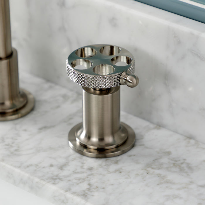 Kingston Sona KS142RKXBN - Webb Two-Handle 3-Hole Deck Mount Widespread Bathroom Faucet with Knurled Handle and Push Pop-Up Drain, Brushed Nickel