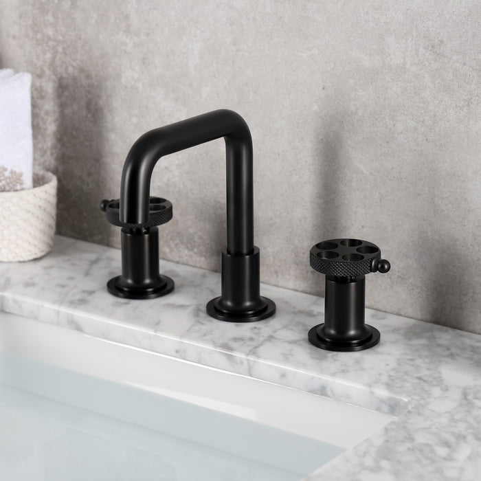 Kingston Sona KS142RKXMB - Webb Two-Handle 3-Hole Deck Mount Widespread Bathroom Faucet with Knurled Handle and Push Pop-Up Drain, Matte Black