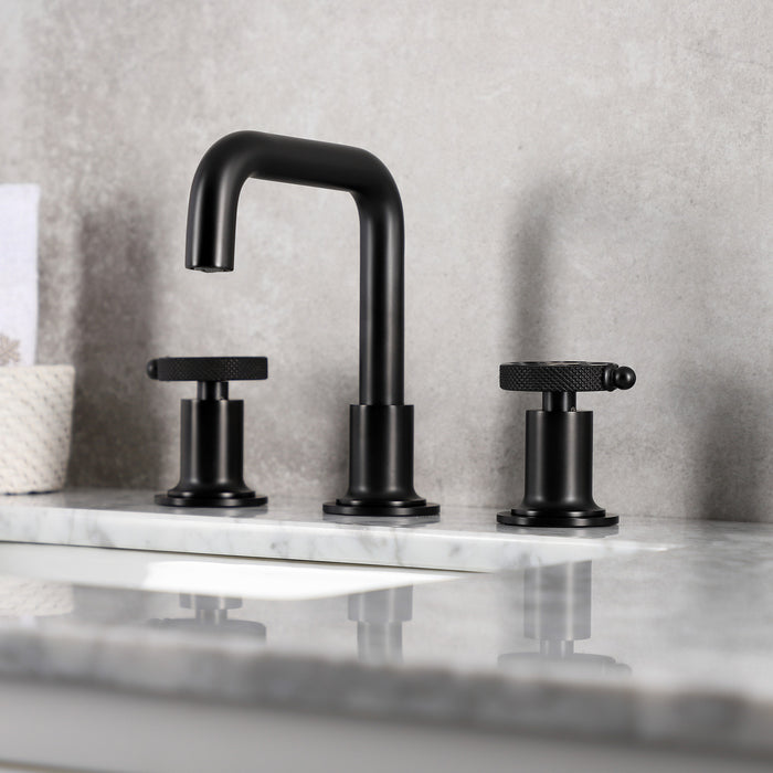 Kingston Sona KS142RKXMB - Webb Two-Handle 3-Hole Deck Mount Widespread Bathroom Faucet with Knurled Handle and Push Pop-Up Drain, Matte Black