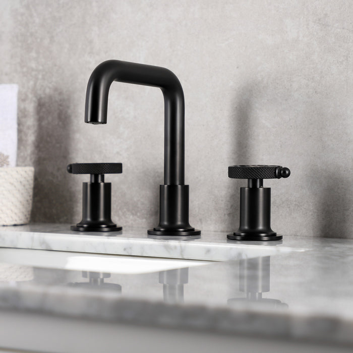 Webb KS142RKXMB Two-Handle 3-Hole Deck Mount Widespread Bathroom Faucet with Knurled Handle and Push Pop-Up Drain, Matte Black