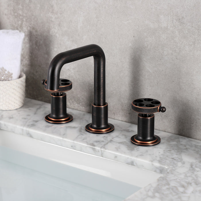 Kingston Sona KS142RKXNB - Webb Two-Handle 3-Hole Deck Mount Widespread Bathroom Faucet with Knurled Handle and Push Pop-Up Drain, Naples Bronze