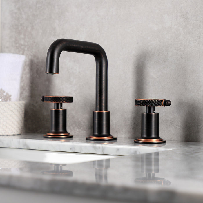 Kingston Sona KS142RKXNB - Webb Two-Handle 3-Hole Deck Mount Widespread Bathroom Faucet with Knurled Handle and Push Pop-Up Drain, Naples Bronze