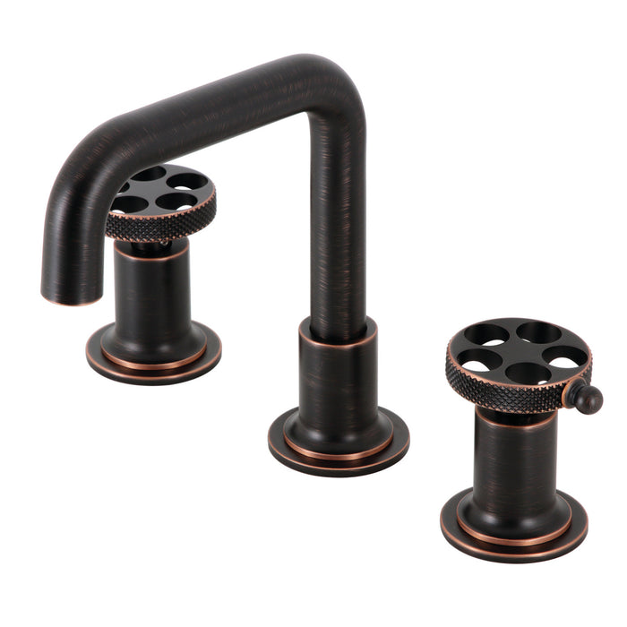 Kingston Sona KS142RKXNB - Webb Two-Handle 3-Hole Deck Mount Widespread Bathroom Faucet with Knurled Handle and Push Pop-Up Drain, Naples Bronze