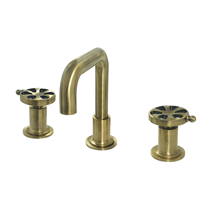 Kingston Sona KS142RXAB - Belknap Two-Handle 3-Hole Deck Mount Widespread Bathroom Faucet with Push Pop-Up Drain, Antique Brass