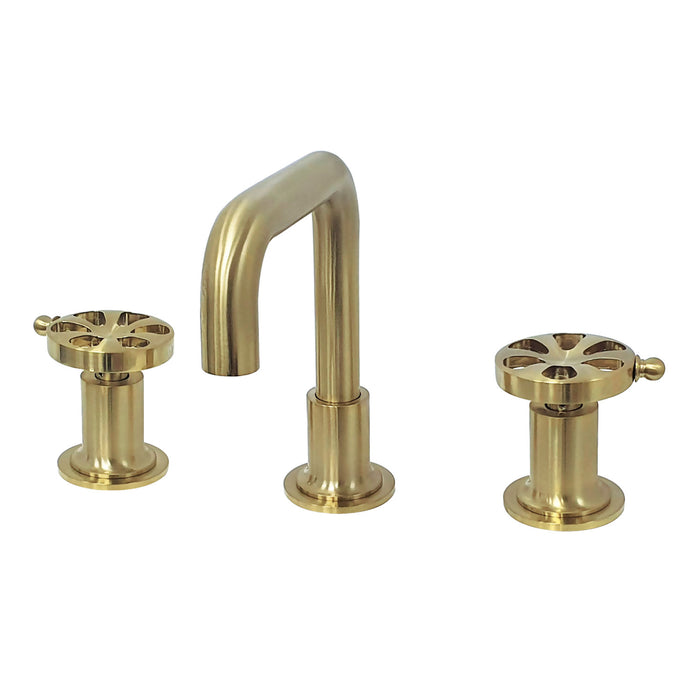 Kingston Sona KS142RXBB - Belknap Two-Handle 3-Hole Deck Mount Widespread Bathroom Faucet with Push Pop-Up Drain, Brushed Brass