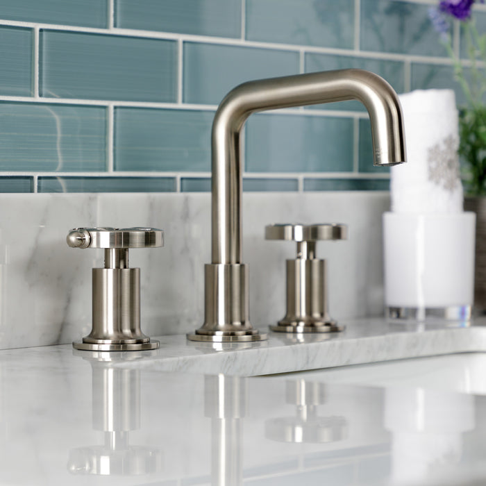 Kingston Sona KS142RXBN - Belknap Two-Handle 3-Hole Deck Mount Widespread Bathroom Faucet with Push Pop-Up Drain, Brushed Nickel