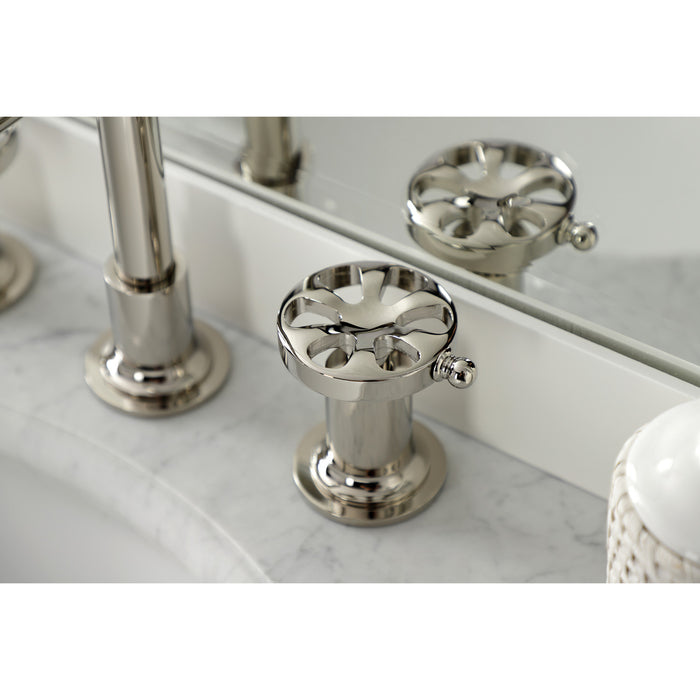 Belknap KS142RXPN Two-Handle 3-Hole Deck Mount Widespread Bathroom Faucet with Push Pop-Up, Polished Nickel