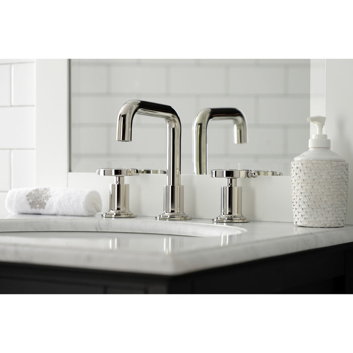 Kingston Sona KS142RXPN - Belknap Two-Handle 3-Hole Deck Mount Widespread Bathroom Faucet with Push Pop-Up Drain, Polished Nickel