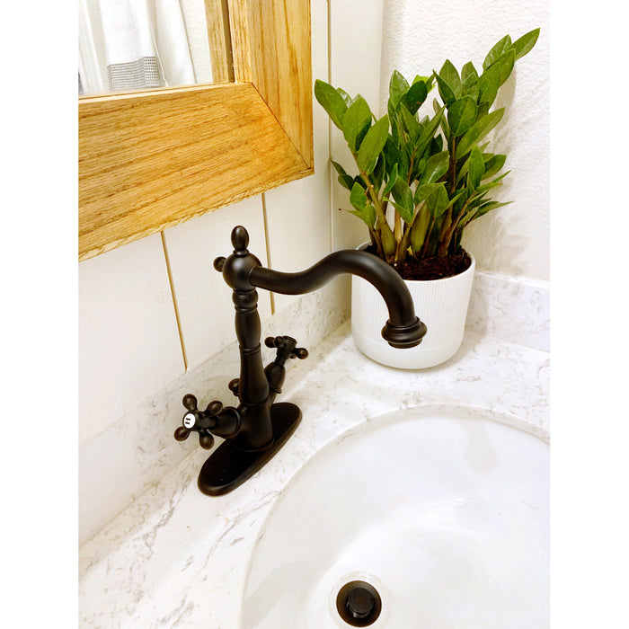 Kingston Heirloom KS1430AX - Heritage Double-Handle 1-or-3 Hole Deck Mount Single-Hole Bathroom Faucet with Brass Pop-Up, Matte Black