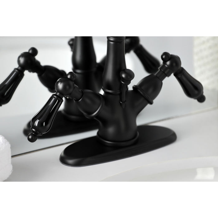 Kingston Heirloom KS1430PKL - Duchess Double-Handle 1-or-3 Hole Deck Mount 4-Inch Centerset Bathroom Faucet with Brass Pop-Up, Matte Black
