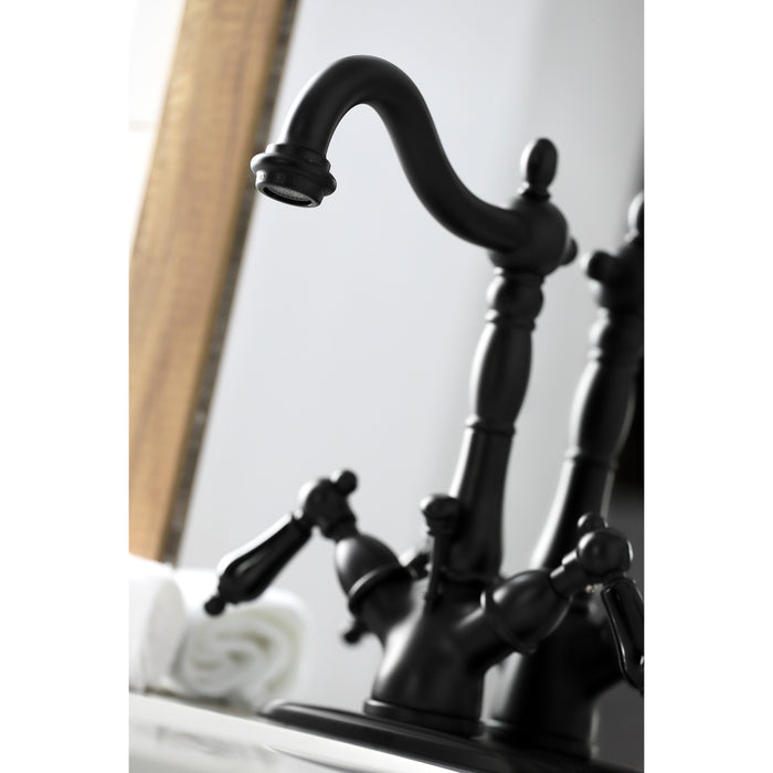 Kingston Heirloom KS1430PKL - Duchess Double-Handle 1-or-3 Hole Deck Mount 4-Inch Centerset Bathroom Faucet with Brass Pop-Up, Matte Black