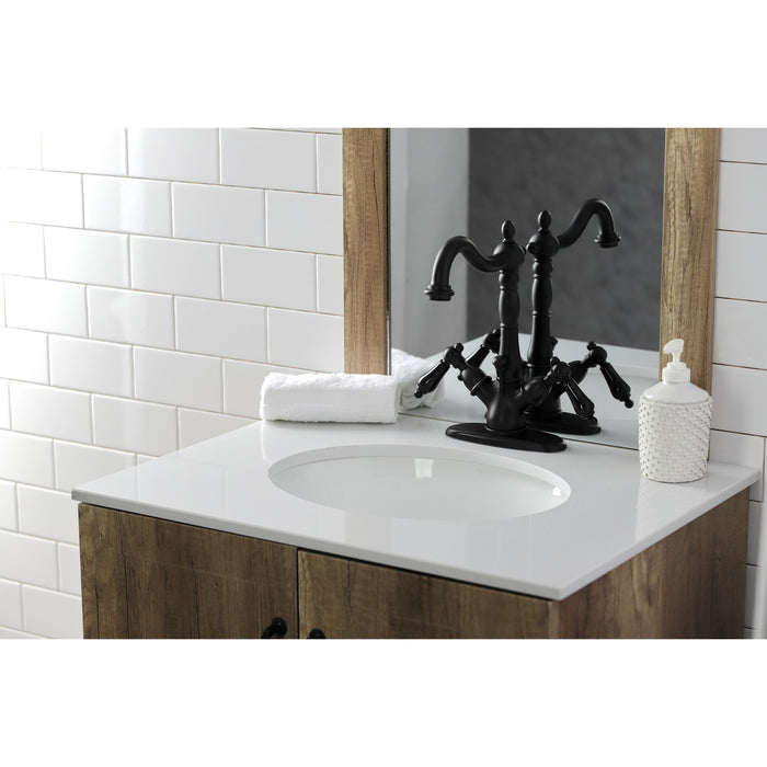 Kingston Heirloom KS1430PKL - Duchess Double-Handle 1-or-3 Hole Deck Mount 4-Inch Centerset Bathroom Faucet with Brass Pop-Up, Matte Black