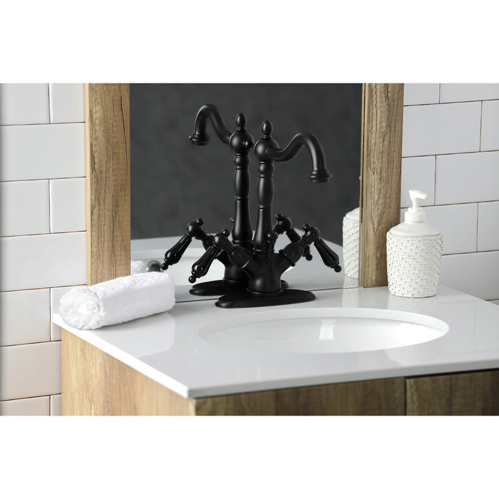 Kingston Heirloom KS1430PKL - Duchess Double-Handle 1-or-3 Hole Deck Mount 4-Inch Centerset Bathroom Faucet with Brass Pop-Up, Matte Black
