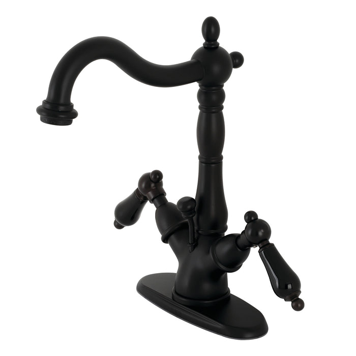 Kingston Heirloom KS1430PKL - Duchess Double-Handle 1-or-3 Hole Deck Mount 4-Inch Centerset Bathroom Faucet with Brass Pop-Up, Matte Black