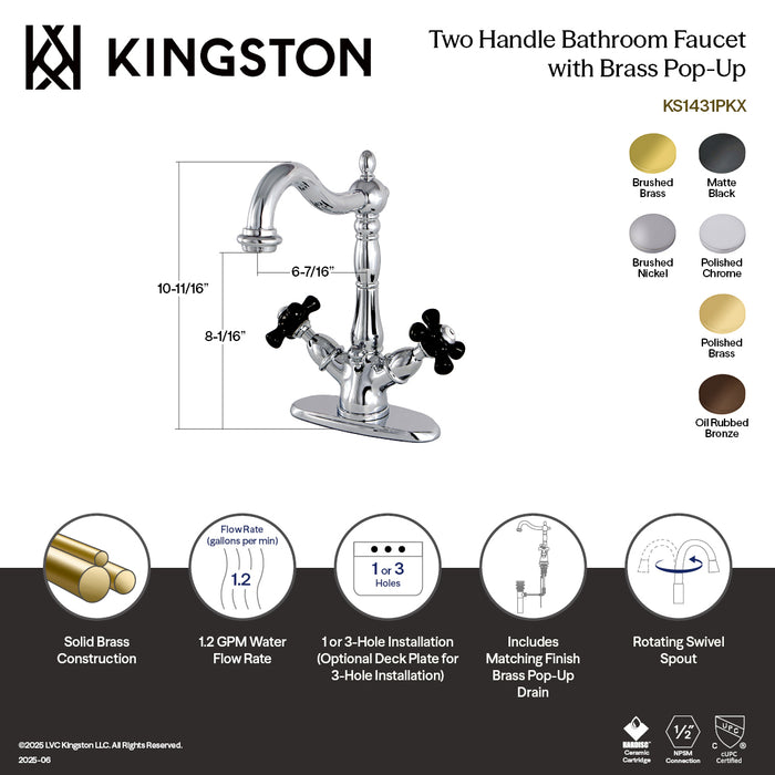 Kingston Heirloom KS1430PKX - Duchess Double-Handle 1-or-3 Hole Deck Mount 4-Inch Centerset Bathroom Faucet with Brass Pop-Up, Matte Black