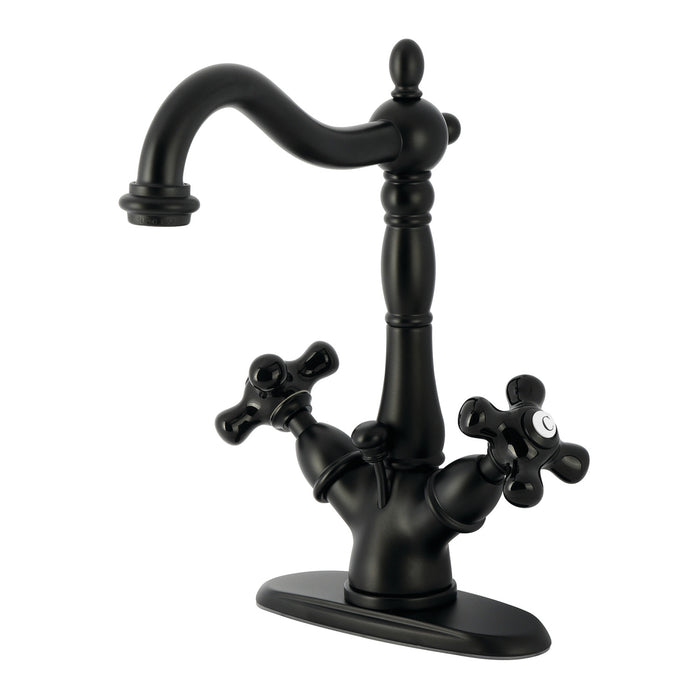 Kingston Heirloom KS1430PKX - Duchess Double-Handle 1-or-3 Hole Deck Mount 4-Inch Centerset Bathroom Faucet with Brass Pop-Up, Matte Black